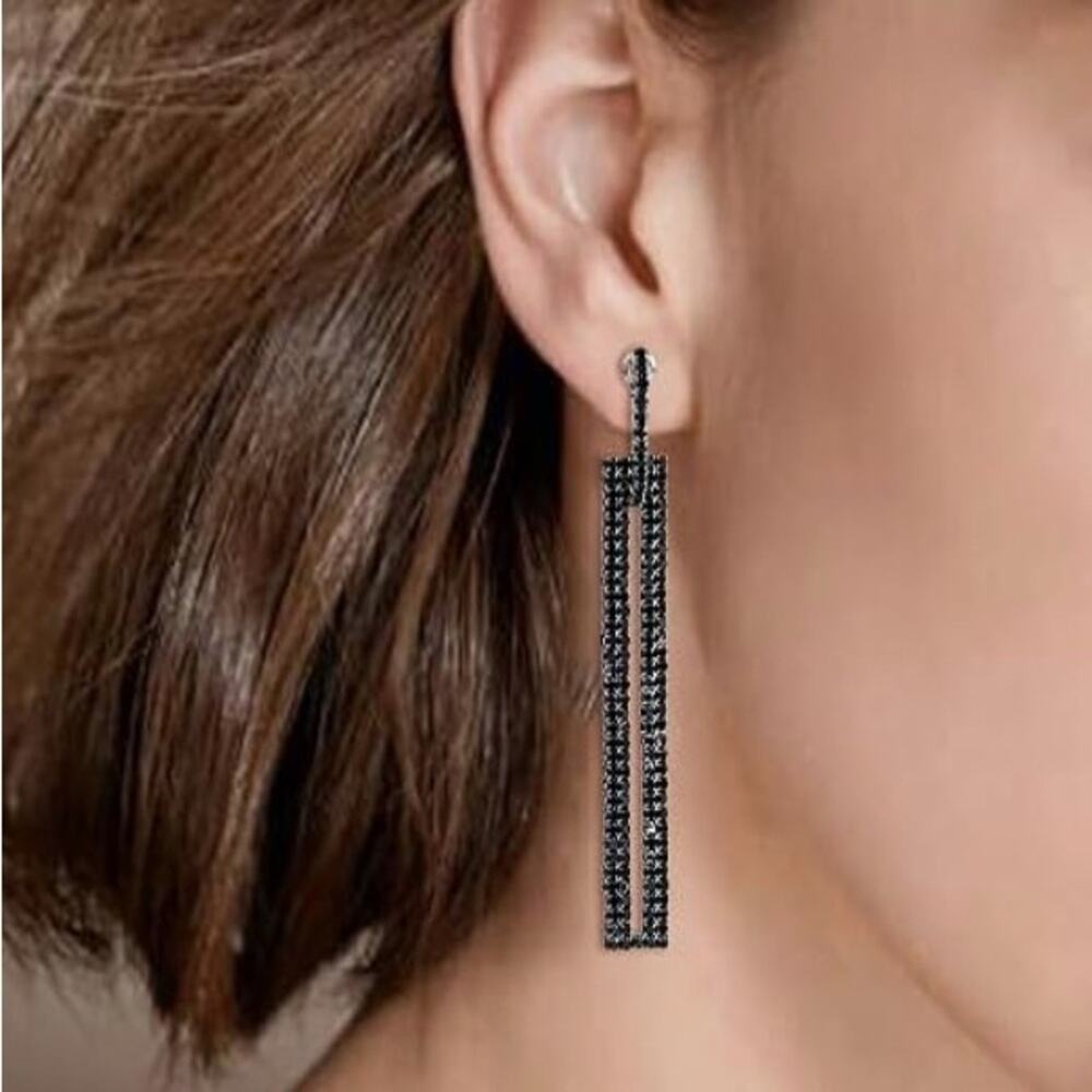 Black Rhinestone Drop Earrings - Picture 2 of 2